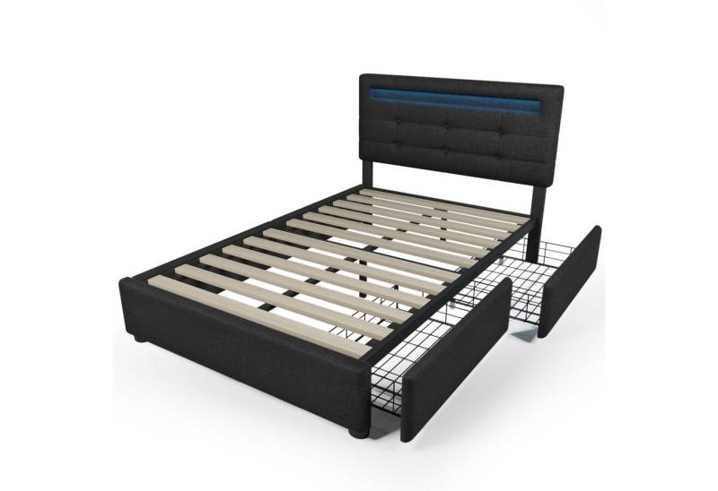 DOPWii Polsterbett Einzelbett/Doppelbett,Bettgestell mit LED-Beleuchtung,2 Schubladen, 90/140x200cm,Höhenverstellbarem Kopfteil,Ohne Matratze von DOPWii