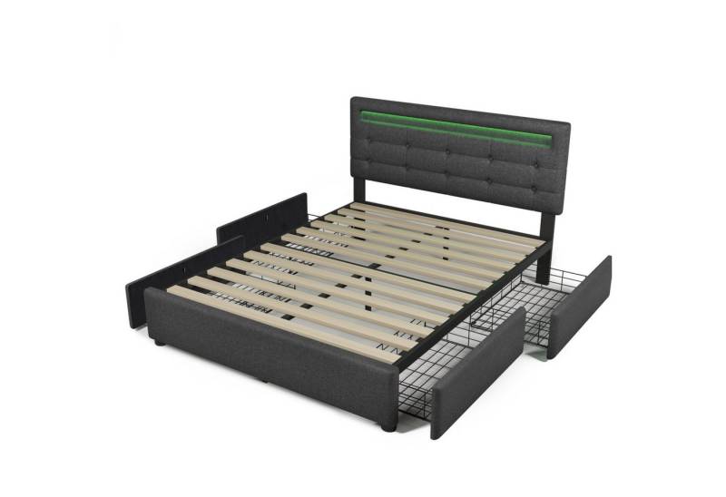 DOPWii Polsterbett Einzelbett/Doppelbett,Bettgestell mit LED-Beleuchtung,2 Schubladen, 90/140x200cm,Höhenverstellbarem Kopfteil,Ohne Matratze von DOPWii