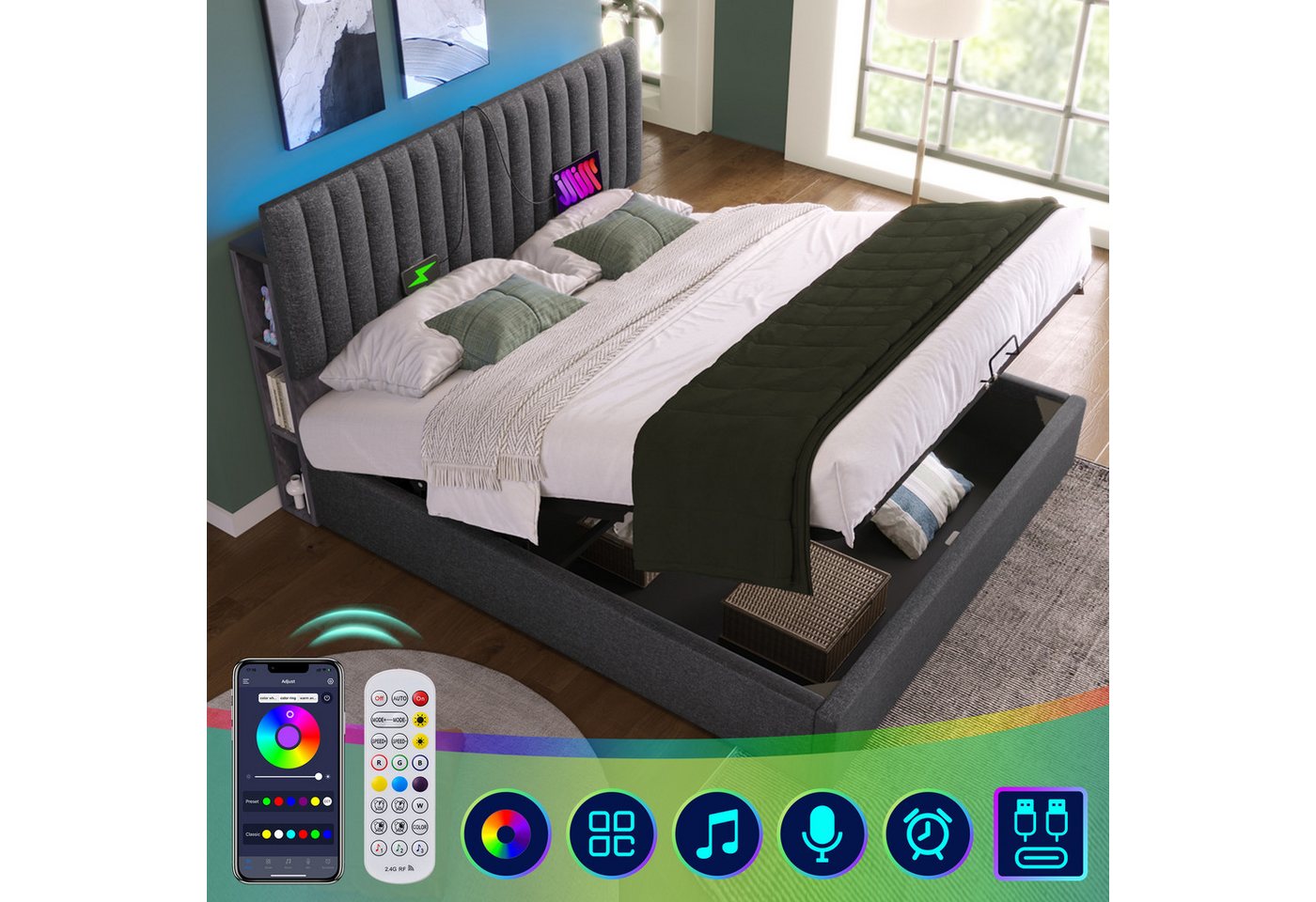 DOPWii Polsterbett Stauraum Doppelbett LED App-Control Bett mit aufladen USB Type C, Stauraum&Verstellbares Kopfteil,Lattenrost aus Holz(Ohne Matratze) von DOPWii