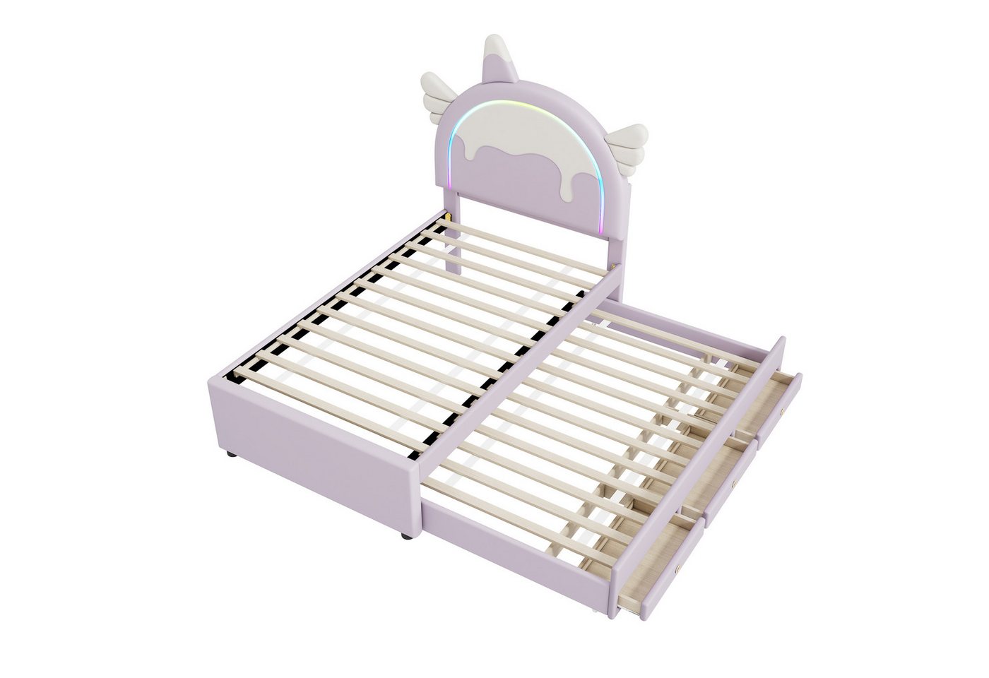 DOPWii Prinzessinbett 90*200cm Cartoon Kinderbett,Ausgestattet mit Ausziehbares Rollbett, Einzelbett,Einhornform,PU-Material,Violett von DOPWii