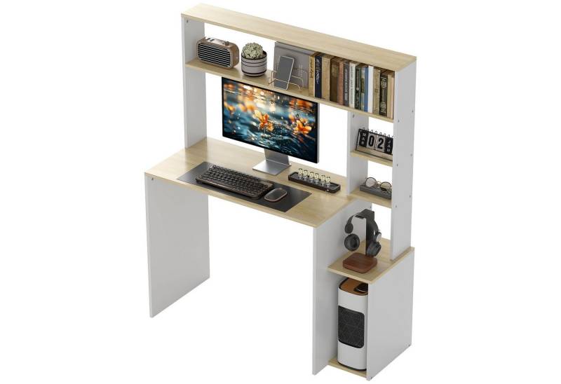 DOPWii Schreibtisch Computertisch, Schreibtisch mit offenen Regalen und Ablagefächern (Lieferumfang:  1 x Computertisch  1 x Handbuch), Eiche+Weiß,113cm x 45cm x 138,5cm,aus Stahl von DOPWii