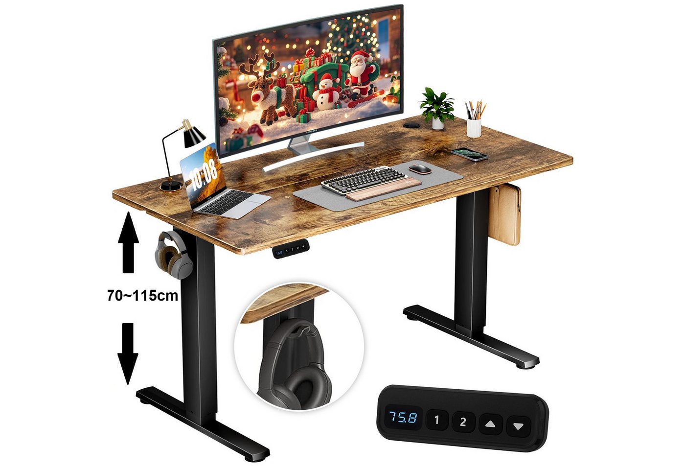 DOPWii Schreibtisch Höhenverstellbarer Schreibtisch Elektrisch,70-115 cm Höhe,Bürotisch - (Tisch mit 1,5cm dicker, 140x60cm karbonisierter MDF-Retro-Tischplatte), Schreibtischplatte 140x60cm,Memory-Funktion,Kindersicherung,Schwarz von DOPWii