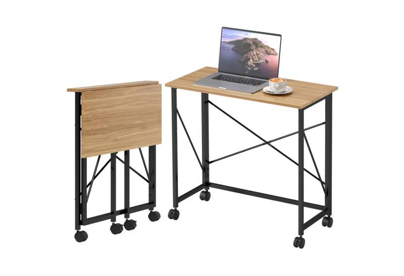 DOPWii Schreibtisch Klappbarer Schreibtisch mit Rädern, platzsparend, Stahl, MDF, Eiche, Mobil & flexibel,Computertisch Mit 4 Rollen, 2 mit Bremse, Lernstation von DOPWii