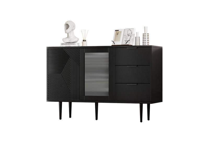 DOPWii Sideboard Kommode mit 3 Schubladen & 2 Türen, mit Metalfüßen und Glastüren, Weiß, Maße: 120 x 38 x 79.5 cm von DOPWii