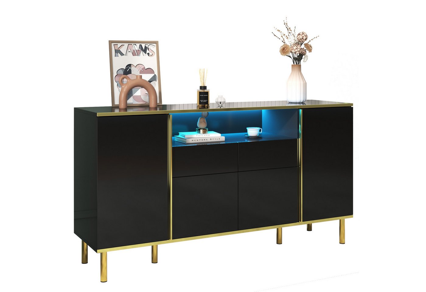 DOPWii Sideboard Sideboard,Hochglänzendes Schubladen Kommode mit 2 Schubladen, Schubladenschrank,Anrichte,Beistellschrank,150×40×80cm von DOPWii