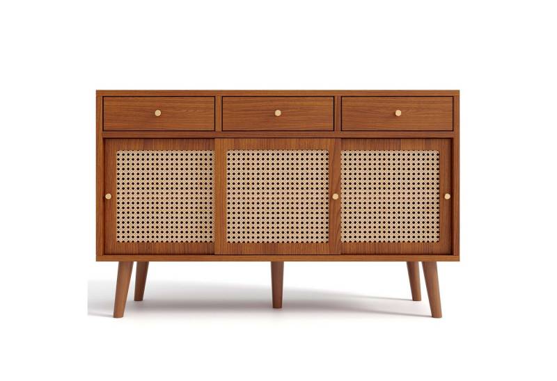 DOPWii Sideboard Sideboard,Kommode mit 3 Schubladen,3 Schiebetüren, Rattangeflecht auf den Türfronten,Beine aus massivem Holz,120x 40x78cm von DOPWii