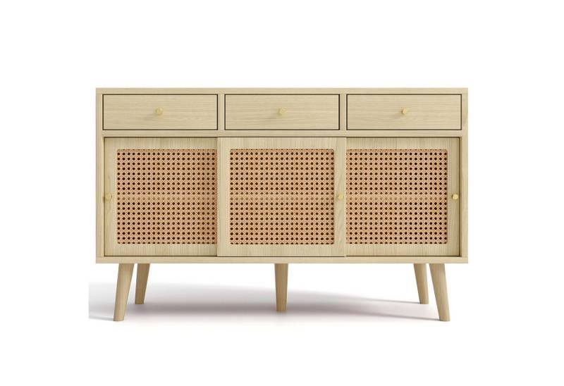 DOPWii Sideboard Sideboard,Kommode mit 3 Schubladen,3 Schiebetüren, Rattangeflecht auf den Türfronten,Beine aus massivem Holz,120x 40x78cm von DOPWii