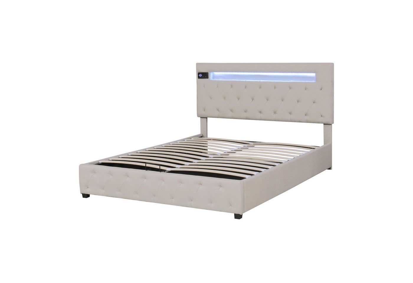 DOPWii Stauraumbett 140x200cm Polsterbett,Plattformbett mit Stauraum,Bluetooth-Player, LED-Beleuchtung,aufladen USB,Verstellbares Kopfteil,Beige/Grau von DOPWii