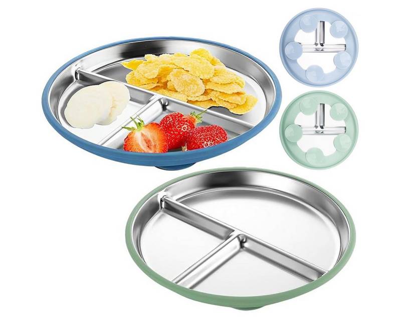 DOPWii Teller 2er Set Kinderteller mit Saugnapf aus Edelstahl rutschfest BPA-frei, (2 St), mit Silikonboden abnehmbar Ø21 cm Teller mit Fächern für Kinder von DOPWii