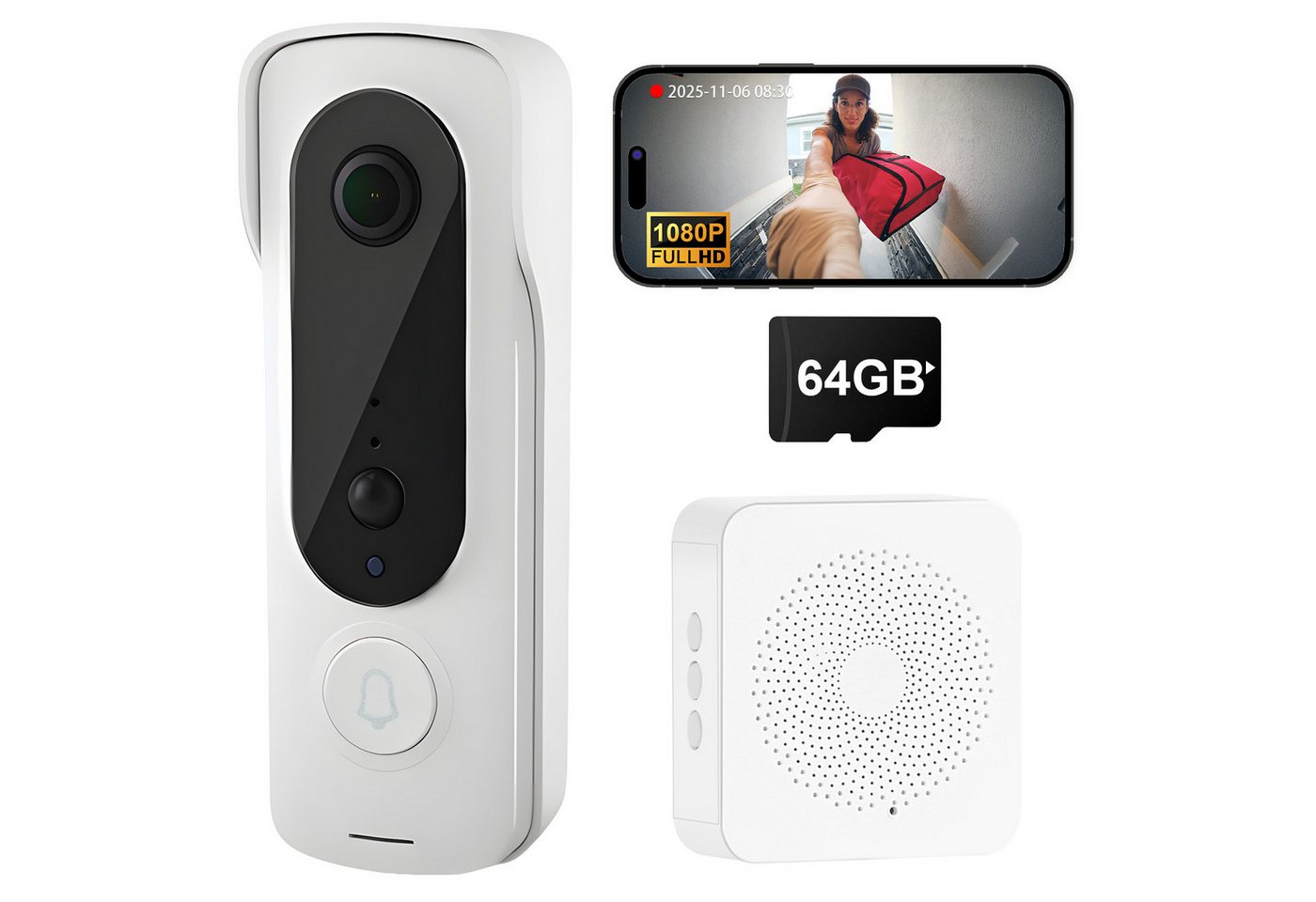 DOPWii Türklingel WLAN Video-Türklingel mit Kamera, 1080P HD, PIR Bewegungserkennung, (1-St), Zwei-Wege-Audio, Nachtsicht, Wasserdicht, mit 64GB SD-Karte & Akku von DOPWii