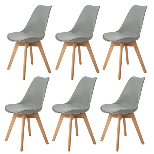 DORAFAIR 6er Skandinavischen Retro Design Gepolsterter lStuhl Kunststoff PP Esszimmerstühle,mit Massivholz Buche Bein,Grau von DORAFAIR