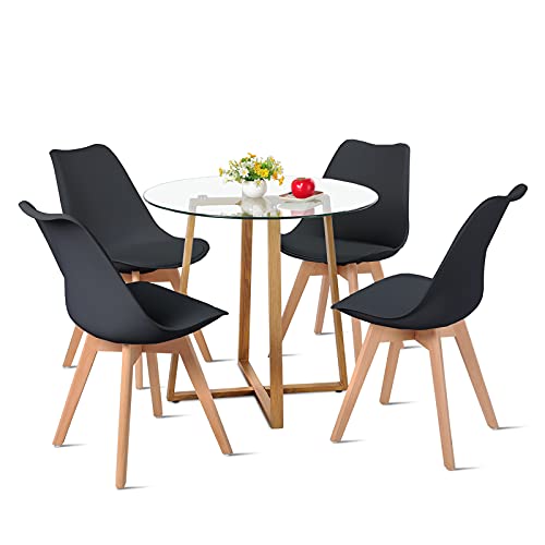 DORAFAIR Esstisch und Stühle, 1 Tisch + 4 Stühle, nordisches Design, Tisch aus gehärtetem Glas und Stühle, Schwarz von DORAFAIR