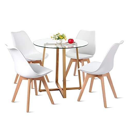 DORAFAIR Esstisch und Stühle, 1 Tisch + 4 Stühle, nordisches Design, Tisch aus gehärtetem Glas und Stühle, Weiß von DORAFAIR
