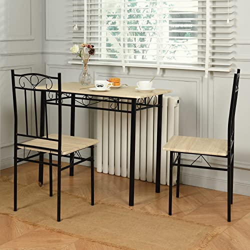 DORAFAIR Esszimmer-Set mit Esstisch und 2 Stühlen aus Buchenholzmaserung, Schwarze Metallbeine, für Esszimmer, Küche, Wohnzimmer von DORAFAIR