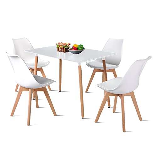 DORAFAIR Rechteckiges Esstisch-Set und Stühle, 1 Tisch + 4 Stühle, nordisches Design, skandinavischer Küchentisch und Stühle, Weiß von DORAFAIR