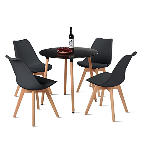 DORAFAIR Esstisch und Stühle, 1 Tisch + 4 Stühle, nordisches Design, runder schwarzer Tisch und 4 schwarze Stühle von DORAFAIR