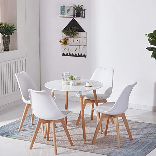 DORAFAIR Set aus Runder Küchentisch und 4 Skandinavischen Weißer Stühlen, für Küche Esszimmer Büro von DORAFAIR