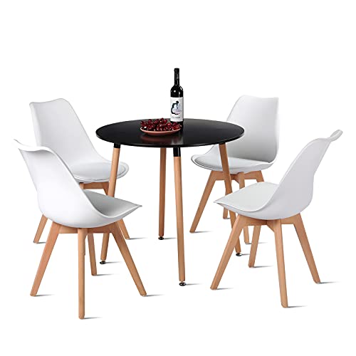 DORAFAIR Set mit Esstisch und Stühlen, 1 Tisch + 4 Stühle, nordisches Design, runder Tisch und 4 Stühle, Weiß von DORAFAIR