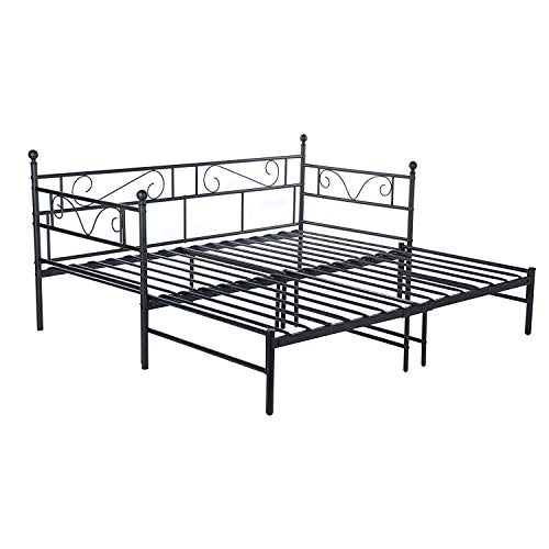 LiePu Tagesbett Schlafsofa mit Ausziehbett, Metallbett Jugendbetten Gästebett, Schwarz Doppel-Bett Bettsofa, 90x190cm von DORAFAIR