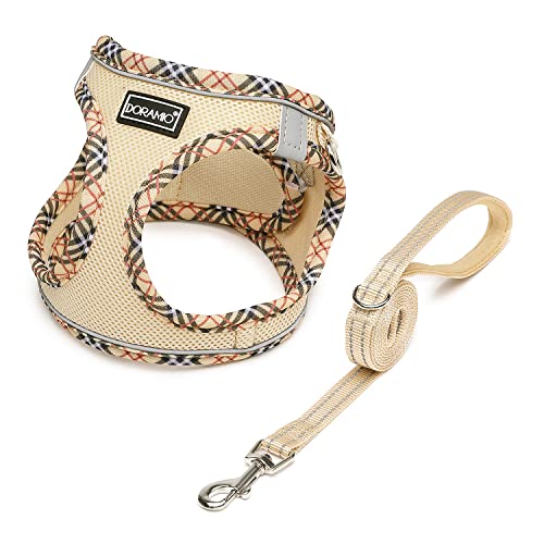DORAMIO Hundegeschirr Kleine Hunde mit Leine, Step-in Geschirr Reflektierend Atmungsaktiv Brustgeschirr Anti Zug Sicherheitsgeschirr Katzengeschirr für Kleine Hunde, Katzen (Beige, XL) von DORAMIO