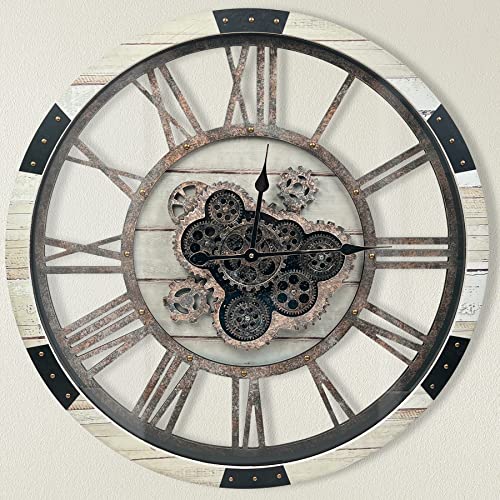 DORBOKER 60CM Große Vintage Wanduhr mit Beweglichen Zahnrädern, Retro Holz Wanduhr, XXL Antike Steampunk Industriell Wanduhr für Büro Wohnzimmer Bar (Wüste Beige,24 Zoll) von DORBOKER