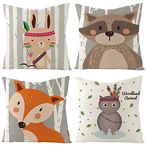 DORBOKER Kissenbezug 40x40cm 4er Set Leinen Cartoon Tiere Hase Waschbär Fuchs Vöglein Muster Lendenkissen Wurfkissen Hause Auto Cafe Sofa Kinderzimmer Deko 16x16 Zoll-E von DORBOKER