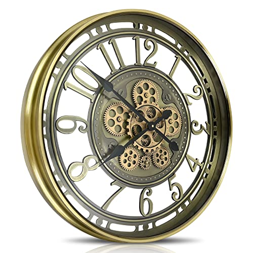 DORBOKER Wanduhr Groß mit Beweglichen Zahnrädern Moderne Industrial Steampunk XXL Vintage Retro Antike Metall Uhr für Küche Wohnzimmer Zuhause Bar Schule(53.5cm, Bronze Gold Arabische Ziffern) von DORBOKER