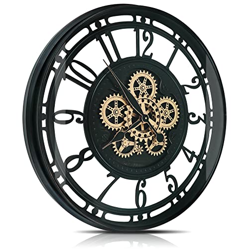 DORBOKER Wanduhr Groß mit Beweglichen Zahnrädern Moderne Industrial Steampunk XXL Vintage Retro Antike Metall Uhr für Küche Wohnzimmer Zuhause Bar Schule(70cm, Schwarzes Gold Arabische Ziffern) von DORBOKER
