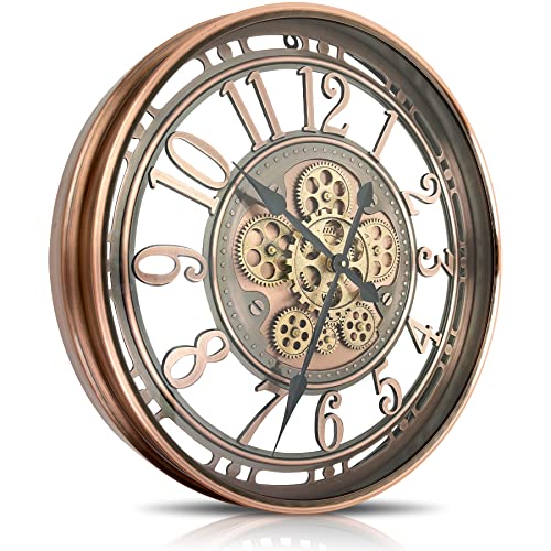 DORBOKER Wanduhr Groß mit Beweglichen Zahnrädern Moderne Industrial Steampunk XXL Vintage Retro Antike Metall Uhr für Küche Wohnzimmer Zuhause Bar Schule(76cm, Rotes Kupfer Arabische Ziffern) von DORBOKER