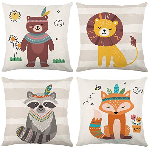 Kissenbezug 40x40 cm 4er Set Natur Leinen Kinderkissen Bezug Waldtiere Löwe Fuchs Bär deko Kissenbezüge Kissen Bunt Zierkissenbezüge ​für Wohnzimmer Kissenhülle Sofakissen Kinderzimmer Kindertag Deko von DORBOKER