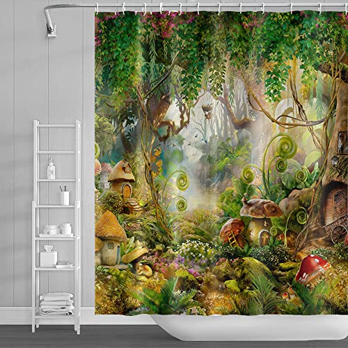 DORCEV 182.9x198.1 cm magischer Wald-Duschvorhang, üppige Bäume, fantastischer Wald-Dschungel-Duschvorhang, Badezimmerdekoration mit Haken, wasserdicht von DORCEV