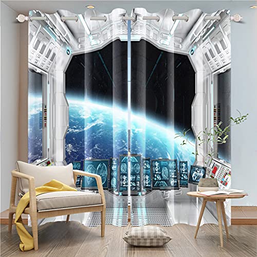 DORCEV Küchenvorhang Raumschiff Raumschiff Interieur mit Fenster Blick auf den Planeten Verdunkelung Fenstervorhänge Futuristische Science Fiction Raumstation Vorhänge, 132,1 x 213,4 cm, 2 Paneele von DORCEV