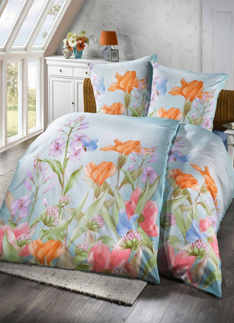 Dormisette Bettwäsche-Garnitur mit floralen Dessin, Größe 112 (80x80 cm + 135x200 cm), Blau von DORMISETTE