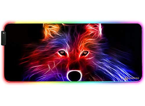 DORRISO RGB Gaming Mauspad 900x400x4 mm XXL Große Mousepad Fransenfreie Ränder Wasserdicht Tischunterlage Matte Office Rutschfest Matte für Computer PC Professionelle Gamer Gaming Mousepad Flammenwolf von DORRISO