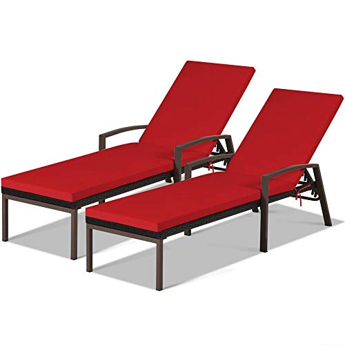 DORTALA 2er Set Terrasse Chaiselongue Outdoor Korb-Rattan Chaise mit verstellbarer Rückenlehne und Armlehne für Strand Pool Hof, Rattan Sonnenliege mit gepolstertem Kissen, Rot DORTALA 2er Set Terrasse Chaiselongue Outdoor Korb-Rattan Chaise mit verstellbarer Rückenlehne und Armlehne für Strand Pool Hof, Rattan Sonnenliege mit gepolstertem Kissen, Rot von DORTALA