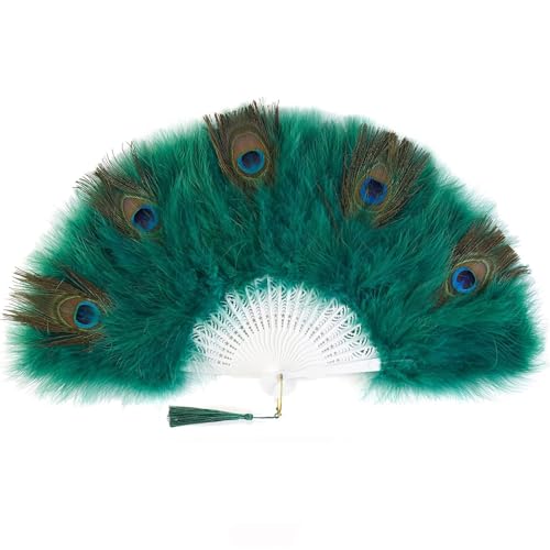 DOSERTY 20er Jahre Flapper Gefederter Ventilator Cheongsam Catwalks Faltbarer Handfächer für Hochzeiten und Halloween Dressing Partys Vintage Handheld Fan von DOSERTY