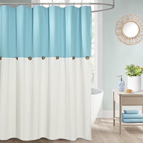 DOSLY IDÉES Farmhouse Duschvorhang für Badezimmer, Beige und Blau gestreift, Knopfvorhang, Baumwollmischgewebe, rustikaler Charme, Landhausstil, 183 x 183 cm DOSLY IDÉES Farmhouse Duschvorhang für Badezimmer, Beige und Blau gestreift, Knopfvorhang, Baumwollmischgewebe, rustikaler Charme, Landhausstil, 183 x 183 cm von DOSLY IDÉES