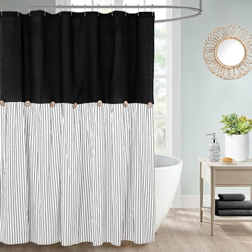 DOSLY IDÉES Farmhouse schwarzer Duschvorhang, beige und schwarz gestreift, Knopfvorhang, Leinen und Baumwolle, gewebter Stoff, rustikaler Charme, Landhausstil, 183 x 183 cm DOSLY IDÉES Farmhouse schwarzer Duschvorhang, beige und schwarz gestreift, Knopfvorhang, Leinen und Baumwolle, gewebter Stoff, rustikaler Charme, Landhausstil, 183 x 183 cm von DOSLY IDÉES