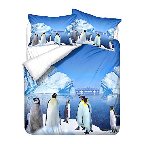 Bettbezug Bettwäsche Set 4 TLG, DOTBUY Mikrofaser Bettwäsche-Set Deluxe Weiche 3D Pinguin Bedrucktes Bettlaken + Bettbezug mit Reißverschluss + 2 Teilig Kissenbezüge (Eissee,140x200cm) von DOTBUY-SHOP