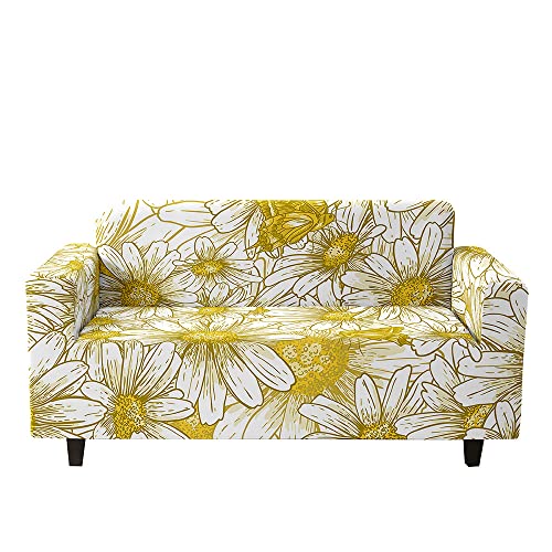 DOTBUY-SHOP 3D Sonnenblume Elastische Stretch Sofa überzug, Couch überzug 1 2 3 4 Sitzer Weicher Stretchbezug Sofabezug Sofa Cover Universal Sofaschoner Möbelschutz (230-300cm,Gold) von DOTBUY-SHOP