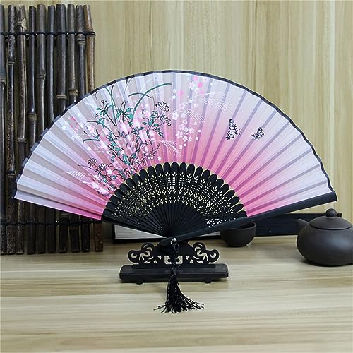 DOTBUY-SHOP Antiken Blumen Faltbare Fächer, Chinesischer Handfächer Fächer Klein Holz, Fecher Sommer mit Quasten,für Geburtstagsgeschenk,Tanzen,Party,Requisiten-Dekoration (10 Stück,Rosa) von DOTBUY-SHOP