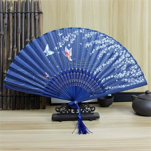 DOTBUY-SHOP Antiken Blumen Faltbare Fächer, Chinesischer Handfächer Fächer Klein Holz, Fecher Sommer mit Quasten,für Geburtstagsgeschenk,Tanzen,Party,Requisiten-Dekoration (5 Stück,Dunkelblau) von DOTBUY-SHOP
