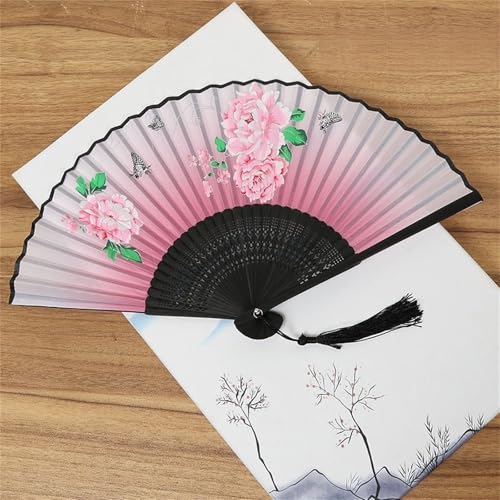DOTBUY-SHOP Blumendruck Faltbare Fächer, Chinesischer Handfächer Fächer Klein Holz, Fecher Sommer mit Quasten,für Geburtstagsgeschenk,Tanzen,Party,Requisiten-Dekoration (5 Stück,Rosa) von DOTBUY-SHOP