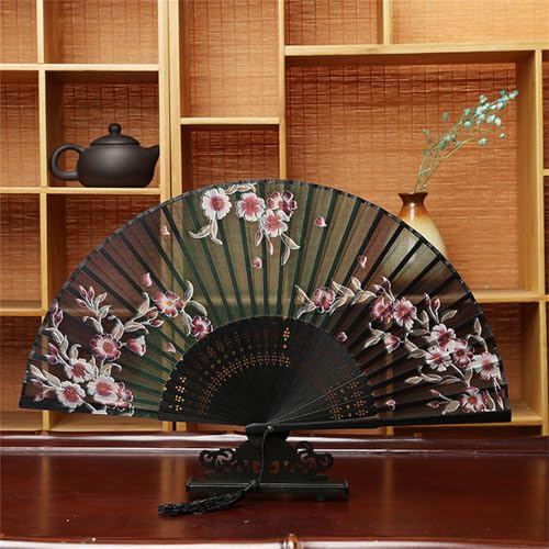 DOTBUY-SHOP Chiffon Faltbare Fächer, Chinesischer Handfächer, Fächer Klein Holz, Klassischer Fecher Sommer, für Geburtstagsgeschenk, Tanzen, Cosplay, Hochzeit, Party Dekoration (6 Stück,Grün) von DOTBUY-SHOP