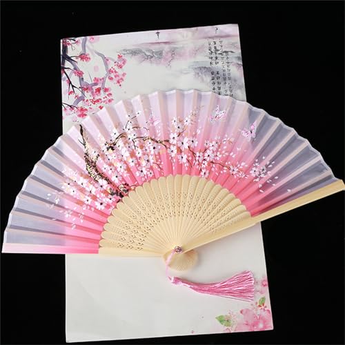 DOTBUY-SHOP Chiffon Retro Faltbare Fächer, Chinesischer Handfächer, Fächer Klein Holz, Klassischer Fecher Sommer, für Geburtstagsgeschenk, Tanzen, Cosplay, Hochzeit Dekoration (Rosa 3,4 Stück) von DOTBUY-SHOP