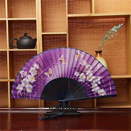 DOTBUY-SHOP Elegant Holz&Stoff Faltbare Fächer, Chinesischer Handfächer Fächer Klein Holz, Fecher Sommer mit Quasten,für Geburtstagsgeschenk,Tanzen,Party,Requisiten-Dekoration (2 Stück,Lila) von DOTBUY-SHOP
