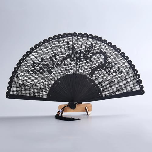 DOTBUY-SHOP Faltbare Fächer Handfächer, Hohl Bambus Klassische Chinesische Handfächer mit Quaste 1 Stück Hand Fächer für Party Hochzeit Wanddekoration Tanzen (Einheitsgröße,Pflaumenblüte/Schwarz) von DOTBUY-SHOP