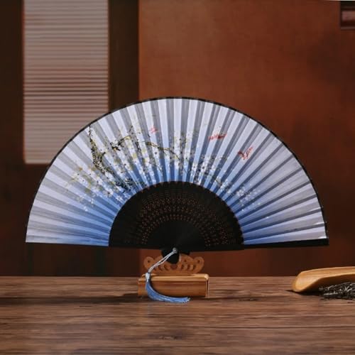 DOTBUY-SHOP Faltbare Fächer Handfächer, Satinstoff Bambus Klassische Chinesische Handfächer mit Quaste Hand Fächer für Party Hochzeit Wanddekoration Geschenke Tanzen (2 Stück,Hellblau) von DOTBUY-SHOP