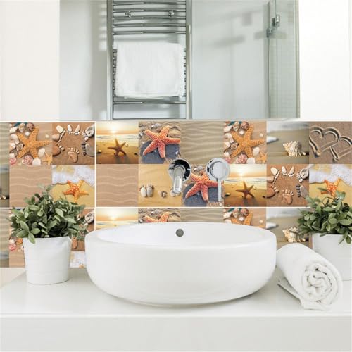 DOTBUY-SHOP Fliesenaufkleber Küche Bad, 3D Sandstrand Seestern Muster Fliesen Aufkleber Badezimmer 24 Stück Wasserdicht Wandpaneele Klebefliesen Küchenrückwand (Sonnenuntergang,15x15cm) von DOTBUY-SHOP