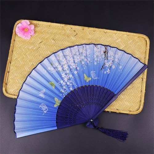 DOTBUY-SHOP Holz & Stoff Faltbare Fächer, Chinesischer Handfächer Fächer Klein Holz, Fecher Sommer mit Quasten, für Geburtstagsgeschenk,Tanzen, Party,Requisiten-Dekoration (4 Stück,Blau) von DOTBUY-SHOP